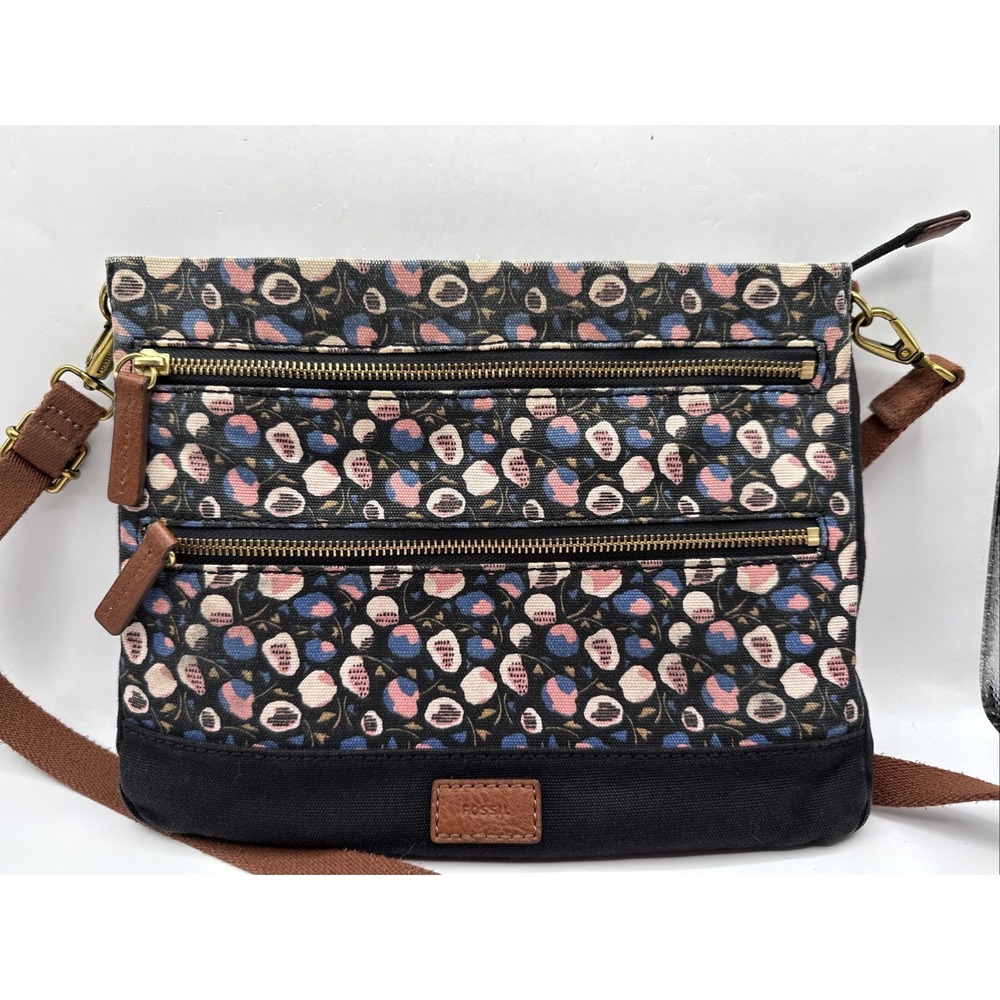 Fossil Crossbody Bag‎ Handbag Key Zipper Floral Canvas Black Multiple Pocket
